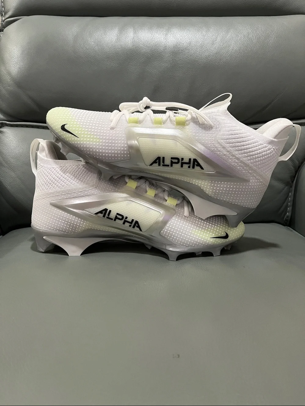 Nike Men’s White & Black Alpha Football Cleats with Neon Yellow Accents